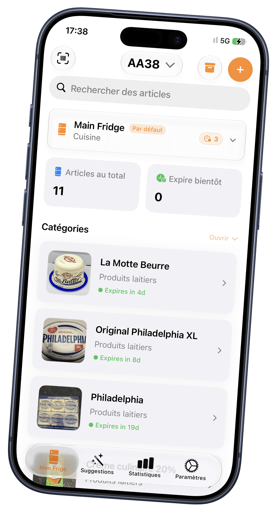 The Fridge app showing a shared fridge with items and their expiry dates