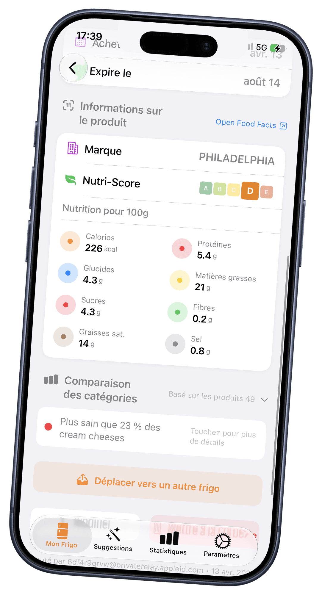 Product insights in Fridge: Nutri-Score, nutrition facts and a comparison against products of the same category