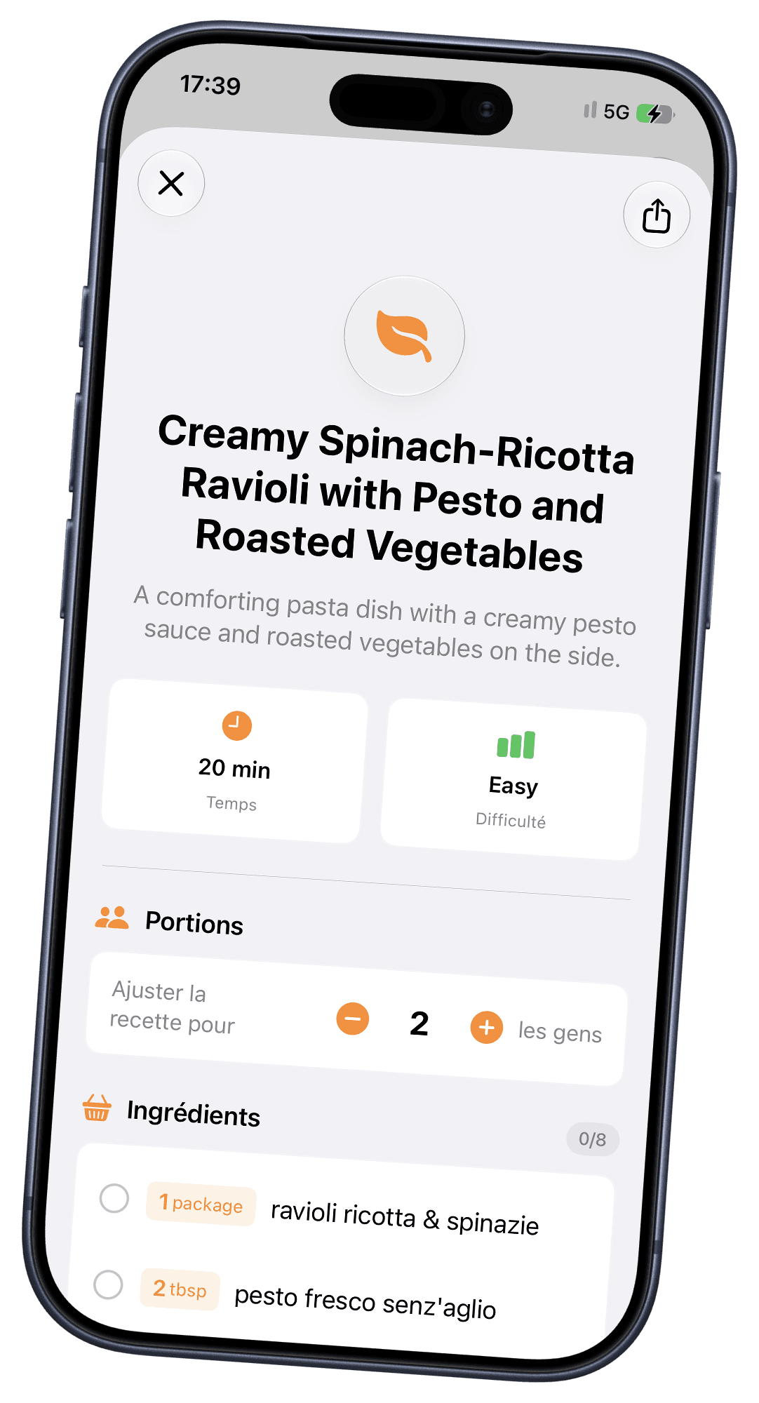 A recipe suggested by Fridge with time, difficulty, portions and ingredients